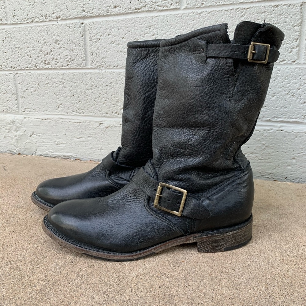 Women's Black Leather Mid-Calf Combat Boots with Buckle Accent